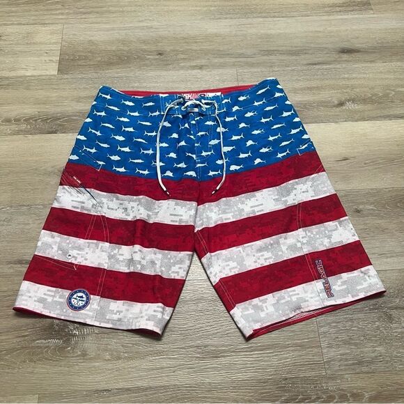 Pelagic Other - PELAGIC Mens Size 34 Sharkskin Board Shorts American Flag Fish All Over Print